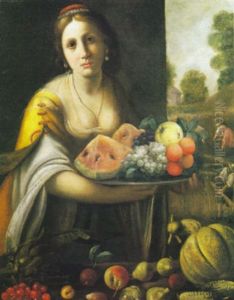 Donna Con Piatto Di Frutta, Paesaggio Con Agricoltori Donna Con Piatto Di Frutta, Paesaggio Con Agricoltori
