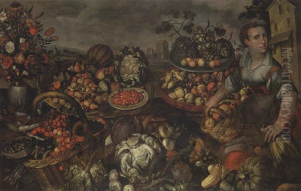 A Woman Selling Apples, Plums, Pears, Other Fruits, Mushrooms, Cabbages, Other Vegetables, Vase Of Flowers, A Landcsape Beyond - view 1