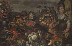 A Woman Selling Apples, Plums, Pears, Other Fruits, Mushrooms, Cabbages, Other Vegetables, Vase Of Flowers, A Landcsape Beyond by Vincenzo Campi