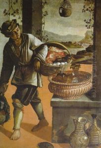 A Peasant Boy Carrying A Basket Of Eggs, Meat And A Duck, A Landscape Beyond by Vincenzo Campi