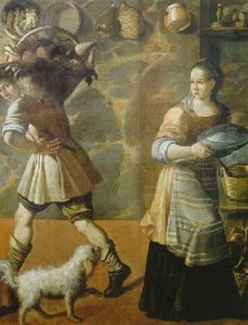 A Peasant Carrying A Basket Of Vegetables With A Cook In A Kitchen by Vincenzo Campi