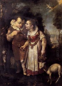 A Wooded Landscape With A Boy Showing A Girl Adorned With Flowers A Bird's Nest A Wooded Landscape With A Boy Showing A Girl Adorned With Flowers A Bird's Nest