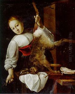 A Maid Standing By A Table At The Foot Of A Column, Holding A Hare