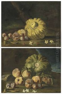 Melons, Peaches And Plums (+ A Melon, Peaches, Plums And Cherries, On A Forest Floor; Pair) by Michelangelo di Campidoglio