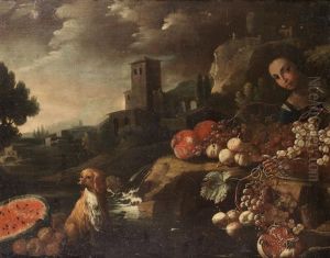 A Fruit Seller With A Dog Beside A Waterfall, A Town Beyond A Fruit Seller With A Dog Beside A Waterfall, A Town Beyond