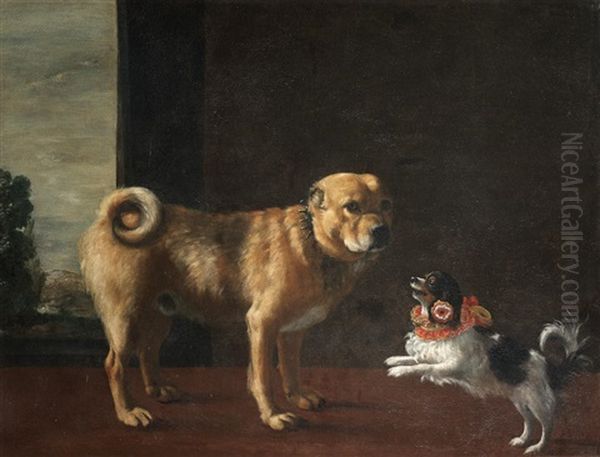 A Mastiff And A Tricolour Cavalier King Charles Spaniel In A Landscape - view 1