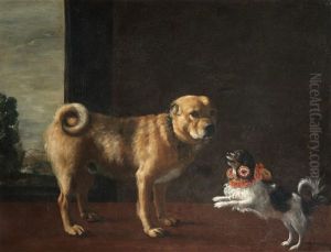A Mastiff And A Tricolour Cavalier King Charles Spaniel In A Landscape by Michelangelo di Campidoglio