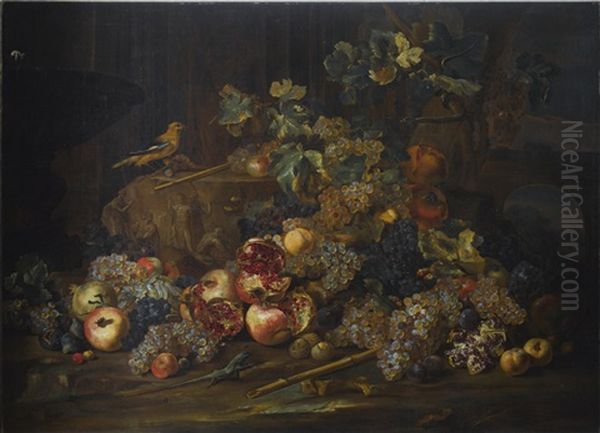Still Life With Fruit Around A Stone Bass Relief, With A Green Anole Lizard In The Foreground - view 1