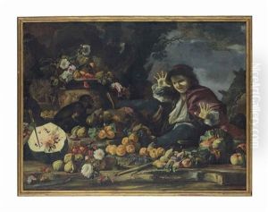 Roses, Peaches, Apples And Melons On A Rocky Ledge, In A Wooded Landscape, With A Young Boy Startled By A Monkey