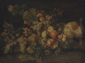 A Melon, Pomegranates, Grapes, Quinces, Apples And Other Fruit On A Stone Ledge