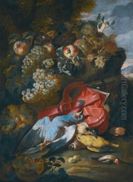 Still Life With A Pigeon, A Great Spotted Woodpecker, A Goldfinch, And A Melon, Grapes And Other Fruit In A Landscape - view 1