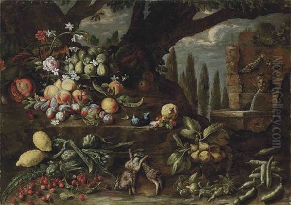 Roses, Carnations, Lilies, Figs, Peaches, Plums, Lemons, Artichokes, Cherries, Other Fruit And Two Dead Hares In A Wooded Clearing, By A Fountain - view 1