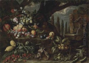 Roses, Carnations, Lilies, Figs, Peaches, Plums, Lemons, Artichokes, Cherries, Other Fruits And Two Dead Hares In A Wooded Clearing, By A Fountain by Michelangelo di Campidoglio