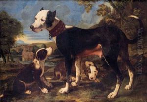 Une Chienne Et Ses Petits Sur Fond De Paysage