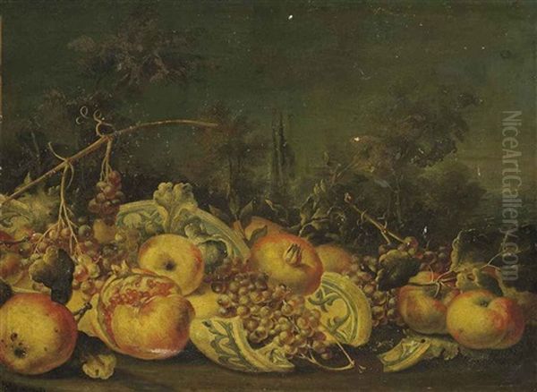 Grapes, Pomegranates, Apples And A Broken Vase In A Landscape - view 1