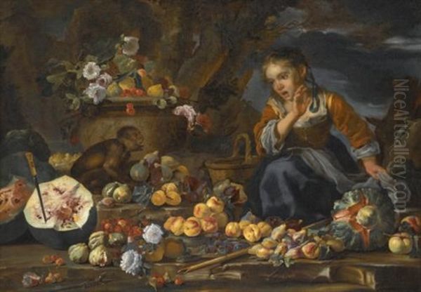 Still Life Of Watermelons, Apples, Figs, Pomegranates, Flowers And Peaches, With A Young Girl Startled By A Monkey - view 1