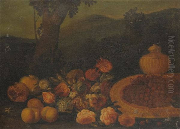 Still Life Of Fruit, Flowers And Other Objects Beside A Tree - view 1