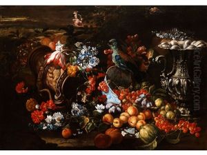 Stilleben Mit Blumen, Fruchten, Prunkgeschirr Und Papagei