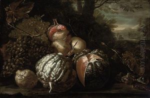 Grapes, A Lemon, Pomegranates, Melons And Figs On A Mossy Bank, A Landscape Beyond