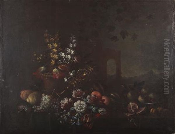 A Still Life Of Assorted Fruit And Flowers On A Ledge - view 1