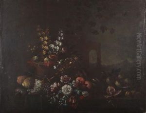 A Still Life Of Assorted Fruit And Flowers On A Ledge by Michelangelo di Campidoglio