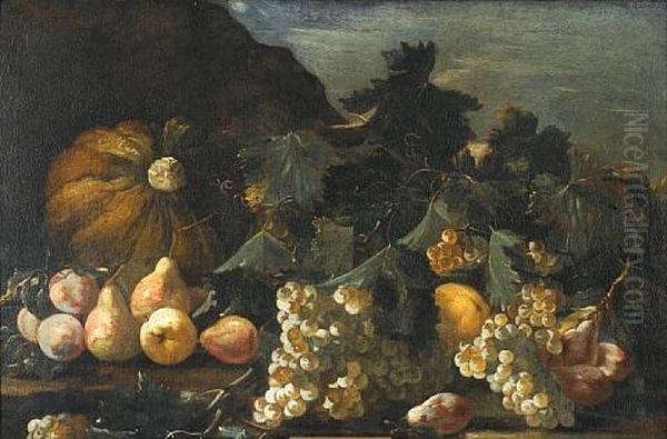A Pumpkin, Grapes And Pears On A Table Top Before An Open Landscape - view 1