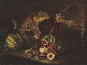 Grapes On The Vine, Peaches, Figs, Pears And A Melon, By A Column, In A Landscape