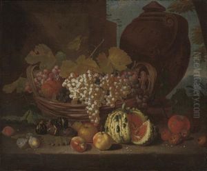 Red And White Grapes On The Vine In A Basket, With Peaches, Figs, Plums And A Mellon On A Stone Ledge by Michelangelo di Campidoglio