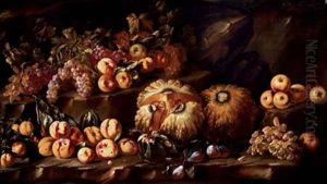 Squash, Peaches, Apples, Grapes And Plums On A Stone Ledge