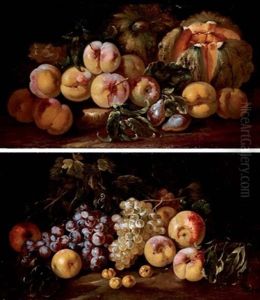 Squash, Peaches, Plums And Grapes On A Stone (+ Grapes, Peaches And Apricots On The Ground; Pair) by Michelangelo di Campidoglio