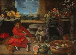 Nature Morte De Fruits Sur Des Entablements Avec Un Page Et Son Petit Singe