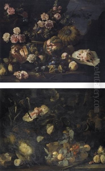 Still Life Of Melons, Plums, Peaches And Figs With Pink Roses And Blue Convolvulous (+ Another, Similar; Pair) by Michelangelo di Campidoglio