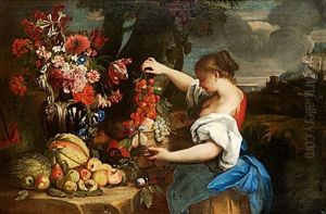 Kvinnofigur Med Frukt- Och Blomsterstilleben