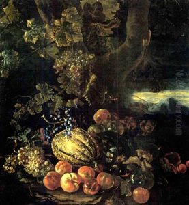 Uve Bianche, Uve Nere, Pesche, Un Melone, Un'anguria, Una Lucertola En Plein Air by Michelangelo di Campidoglio