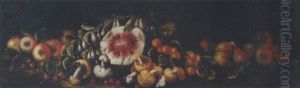 Cherries, Apples, Pears, Peaches, Mushrooms And A Watermelon On A Ledge