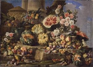 Still Life Of Fruit And Flowers On A Stone Ledge With Birds And A Monkey by Michelangelo di Campidoglio