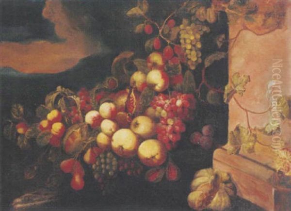 Peaches, Apples, Grapes, Melons, Figs And Plums By A Plinth In A Clearing - view 1