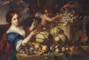 Melons, Grapes, Plums, Peaches, Pears, Figs And Pomegranates On A Ledge, With A Lady In A Blue Dress And A Putto