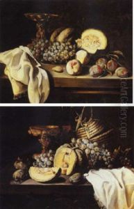 A Gold Tazza, Grapes, Melons, Peaches And Plums On A Partially Draped Ledge