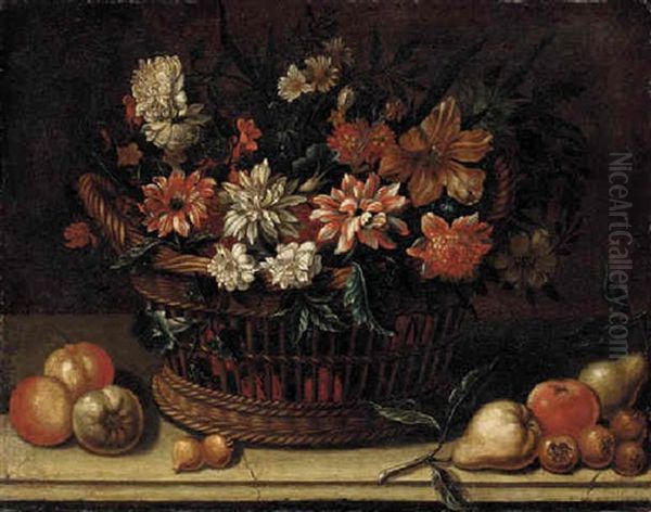 Flowers In A Wicker Basket With Pears, Onions And Apples On A Stone Ledge - view 1
