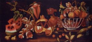 A Watermelon, Grapes, Figs And A Bowl With Peaches And Other Fruit On A Ledge