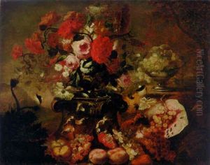 Still Life Of Mixed Flowers In An Urn On A Pedestal With Fruit And A Bowl Of Grapes In A Landscape by Michelangelo di Campidoglio