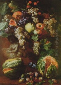 Still Life Of Grapes, Pomegranates, Apples, Plums, Figs And Melons On A Ledge Carved With A Bas-relief