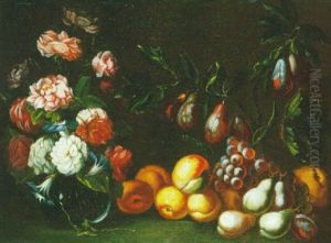Nature Morte Aux Peches, Prunes, Raisins Et Bouquet De Fleurs Sur Un Entablement Nature Morte Aux Peches, Prunes, Raisins Et Bouquet De Fleurs Sur Un Entablement