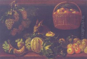 Pears, Apples, Grapes And Other Fruit With A Rabbit On A Ledge, Apples In A Basket And A Bunch Of Grapes Hanging From Nails Above