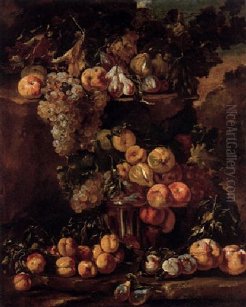 Grapes, Apples, Plums And Figs In A Glass Bowl With Other Fruit On A Ledge In A Landscape - view 1