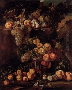 Grapes, Apples, Plums And Figs In A Glass Bowl With Other Fruit On A Ledge In A Landscape