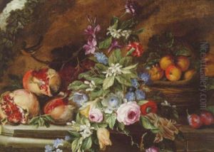 Pomegranates, Plums, Grapes, A Basket Of Peaches And A Bunch Of Flowers On A Stone Ledge