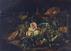 Peaches In A Blue And White Dish With Grapes, Figs, Pomegranates, Walnuts, Sweetcorn And A Carafe