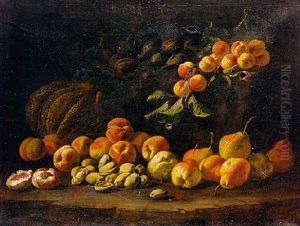 A Melon, Peaches, Almonds, Figs And Other Fruit In A Landscape